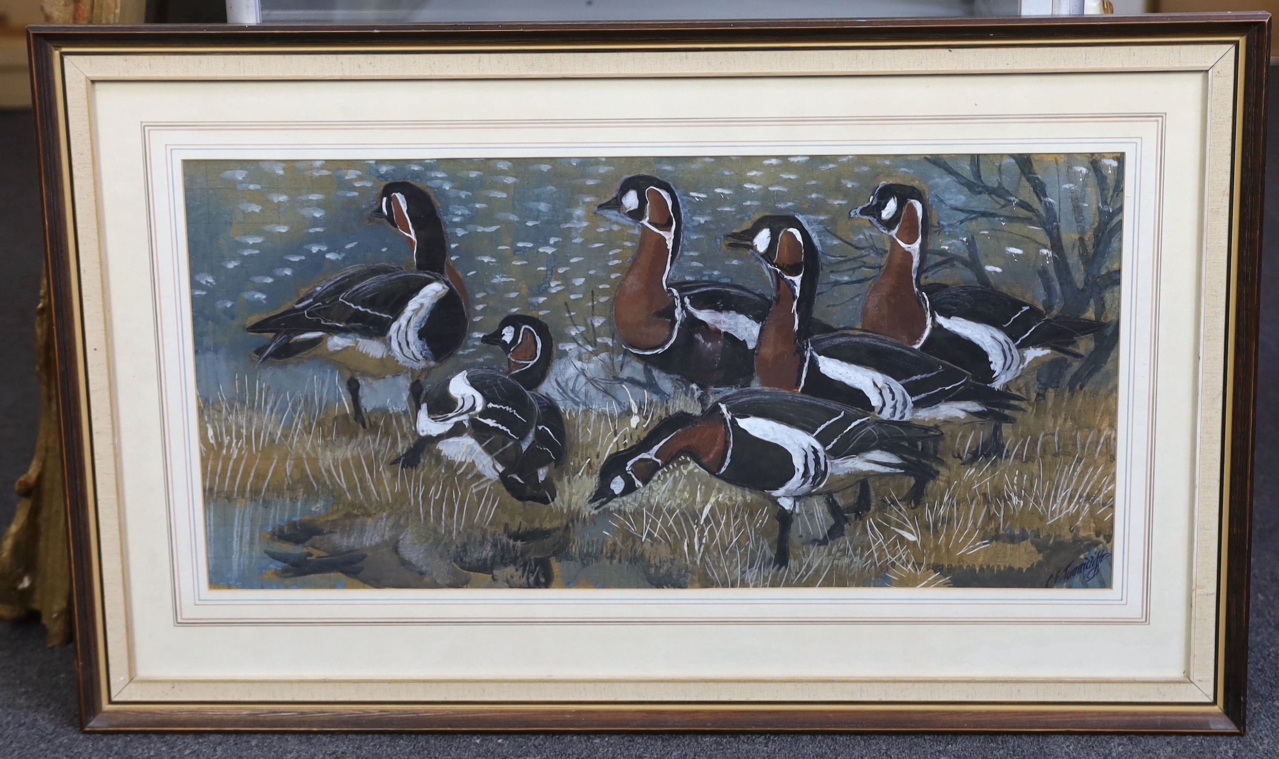 Charles Frederick Tunnicliffe (English, 1901-1979), Geese on the shoreline, watercolour heightened with white, 32 x 66cm